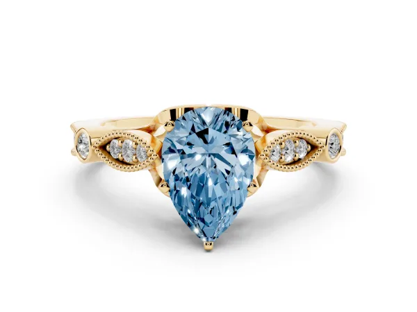Fancy Blue Pear Cut Cut Diamond with Milgrain Marquise and Bezel Accents on a Solitaire Band with Prong Setting Yellow gold