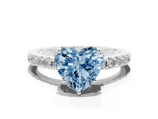Fancy Blue Heart Cut Solitaire Diamond Engagement Ring with Pavé Band and Six-Prong Setting Platinum