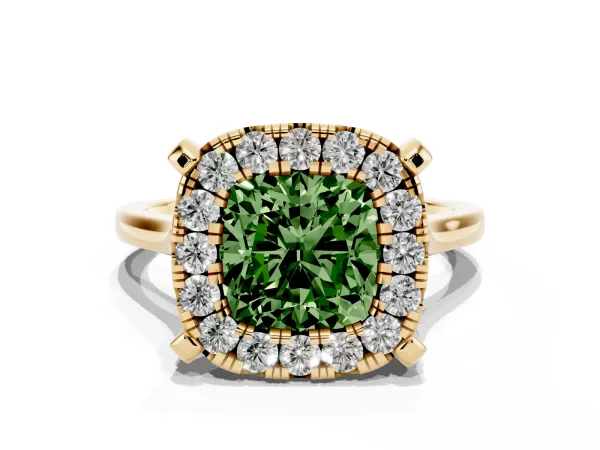 Fancy Green Cushion Cut Diamond Cluster Halo Solitaire with Four-Prong Setting Yellow gold