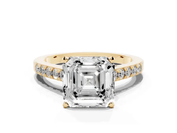 Asscher Cut Diamond Solitaire Ring with Crossover Gallery and Round Pavé Band Yellow gold