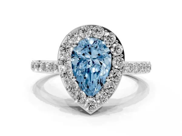 Fancy Blue Pear Cut Halo Diamond Pavé Band Ring with Prong Setting Platinum