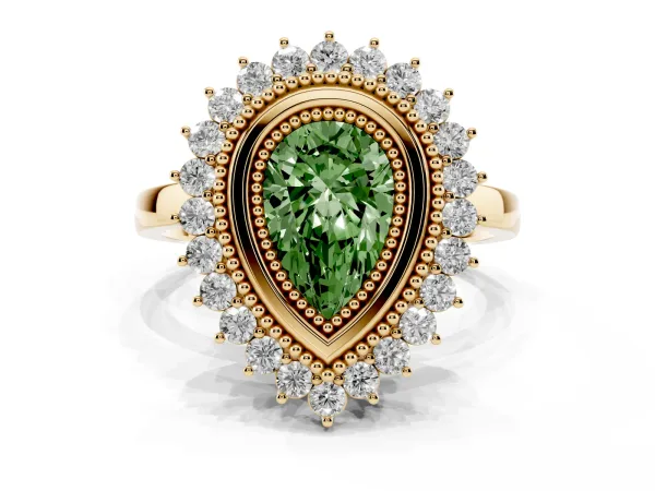 Fancy Green Pear Cut Halo Diamond Ring with Milgrain Edge and Round Prong Setting Yellow gold