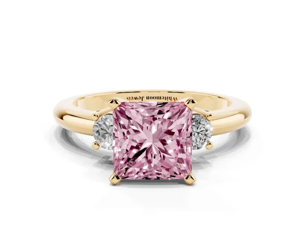 Fancy Pink Three-Stone Princess Cut Cut Diamond Solitaire with Prong Setting and Classic Band Yellow gold