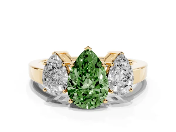 Fancy Green Three-Stone Pear Cut Cut Diamond Engagement Ring with Flat Band and Four-Prong Setting Yellow gold