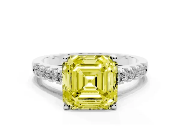 Fancy Yellow Asscher Cut Diamond Pavé Band Solitaire Ring with Prong Setting White gold