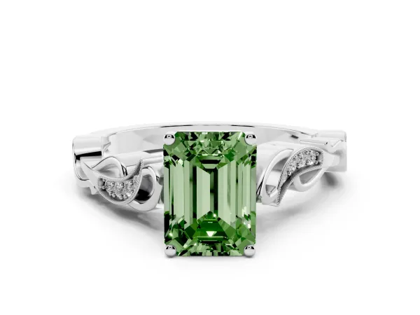 Fancy Green Emerald Cut Solitaire Vine Band with Milgrain Prong Setting White gold