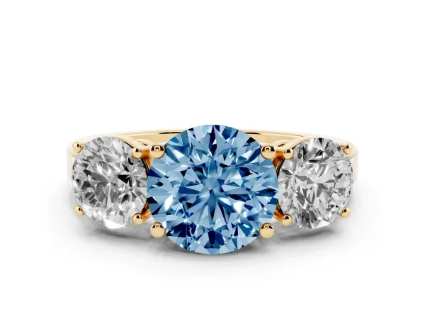 Fancy Blue Three-Stone Round Cut Cut Diamond Engagement Ring with Flat Band and Four-Prong Setting Yellow gold