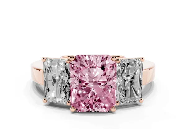 Fancy Pink Three-Stone Radiant Cut Cut Diamond Engagement Ring with Flat Band and Four-Prong Setting Rose gold