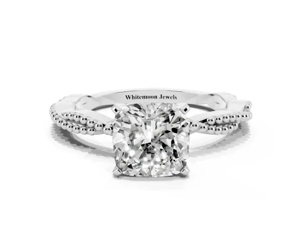 Cushion Cut Solitaire Twisted Band with Bead Prong Setting White gold