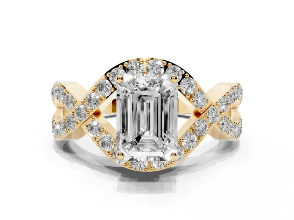 Emerald Cut Solitaire Twist Band Pavé Diamond Engagement Ring Yellow gold