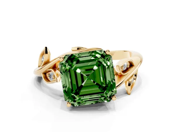 Fancy Green Asscher Cut Solitaire Twist Engagement Ring with Leaf Accents and Prong Setting Yellow gold