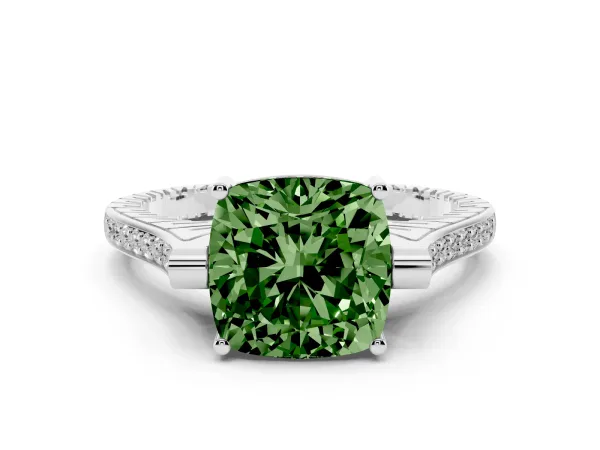 Fancy Green Cushion Cut Solitaire Diamond Ring with Channel Set Band and Bezel Prong Setting White gold