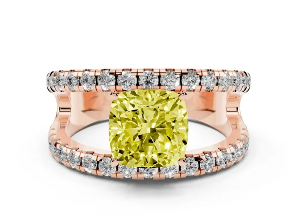 Fancy Yellow Cushion Cut Solitaire Split Shank Pave Diamond Ring Rose gold