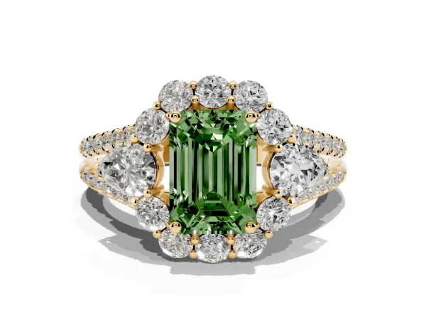 Fancy Green Emerald Cut Halo Split Shank Diamond Engagement Ring with Prong Setting Yellow gold