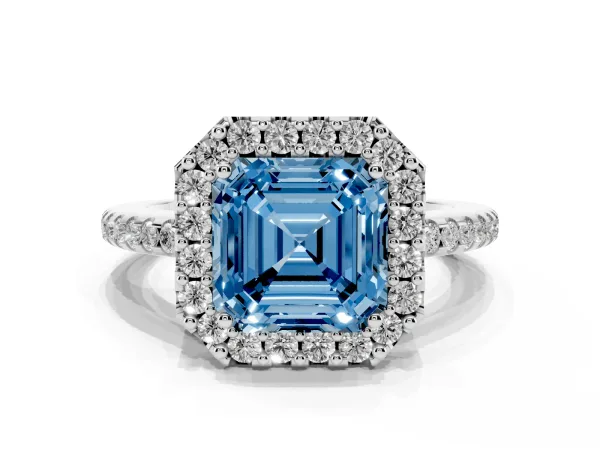 Fancy Blue Asscher Cut Diamond Pavé Halo Ring with Four-Prong Setting White gold