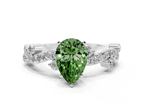 Fancy Green Pear Cut Cut Solitaire Diamond Twisted Band with Pave Setting White gold