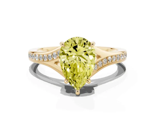 Fancy Yellow Pear Cut Diamond Solitaire Ring with Pavé Band and Prong Setting Yellow gold