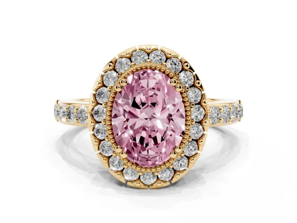 Fancy Pink Oval Cut Diamond Halo Ring with Pavé Band and Prong Setting Yellow gold
