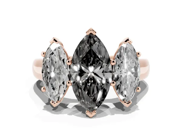 Fancy Black Marquise Cut Three-Stone Diamond Ring with Prong Setting on a Classic Band Rose gold