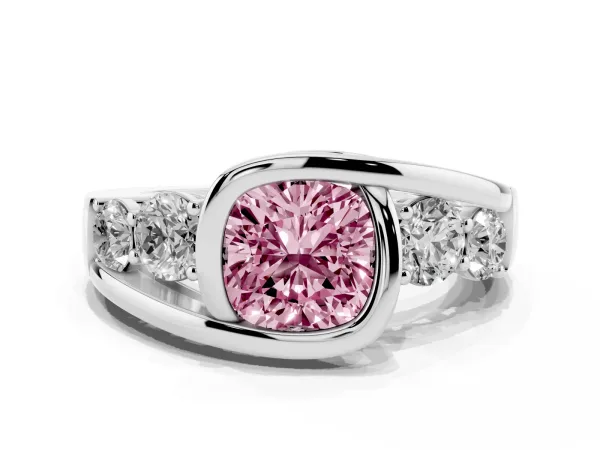 Fancy Pink Bezel Set Cushion Cut Diamond Bypass Ring with Round Accents Platinum