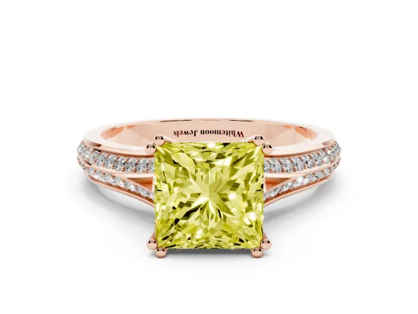Fancy Yellow Princess Cut Diamond Split Shank Engagement Ring with Pavé Band Rose gold