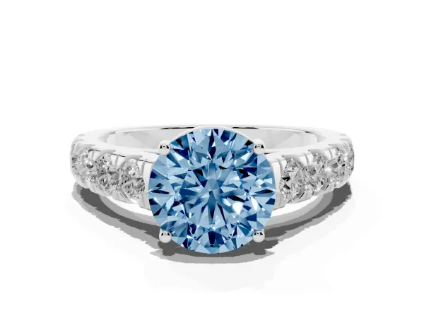 Fancy Blue Round Cut Cut Diamond Solitaire Ring with Micro Pave Band and Prong Setting Platinum