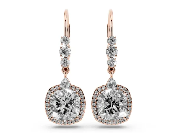 Cushion Diamond Drop Earrings with Trillion Diamond Accents and Round Diamond Halo Rose gold