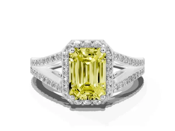 Fancy Yellow Emerald Cut Halo Split Shank Pave Diamond Ring with Four-Prong Setting Platinum