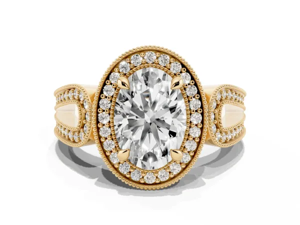 Oval Cut Halo Split Shank Milgrain Diamond Ring Yellow gold