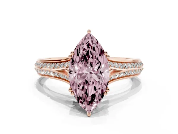 Fancy Pink Marquise Cut Diamond Split Shank Engagement Ring with Pavé Band Rose gold