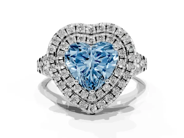 Fancy Blue Double Halo Heart Cut Diamond Pavé Split Shank Ring with Prong Setting Platinum