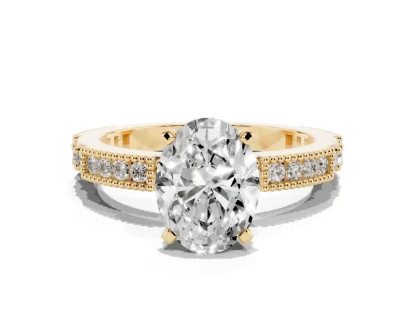 Oval Cut Solitaire with Pavé Band and Four-Prong Setting Yellow gold