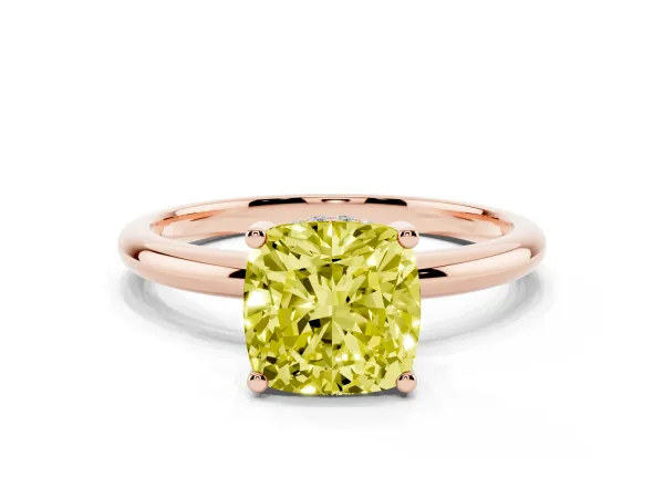 Fancy Yellow Cushion Cut Cut Solitaire Engagement Ring with Four-Prong Setting and Classic Band Rose gold