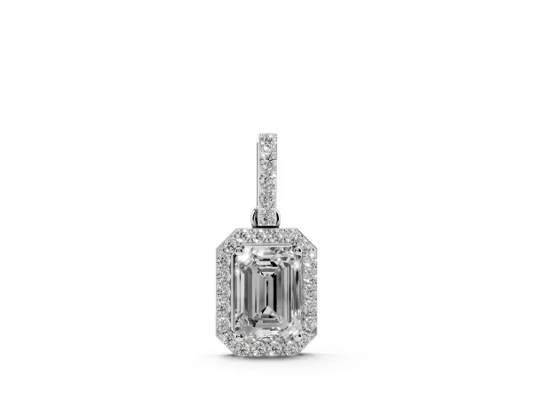 Emerald Cut Halo Diamond Pendant with Prong Setting Silver