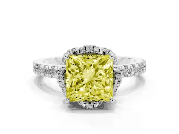 Fancy Yellow Princess Cut Halo Diamond Pave Band Ring with Four-Prong Setting Platinum