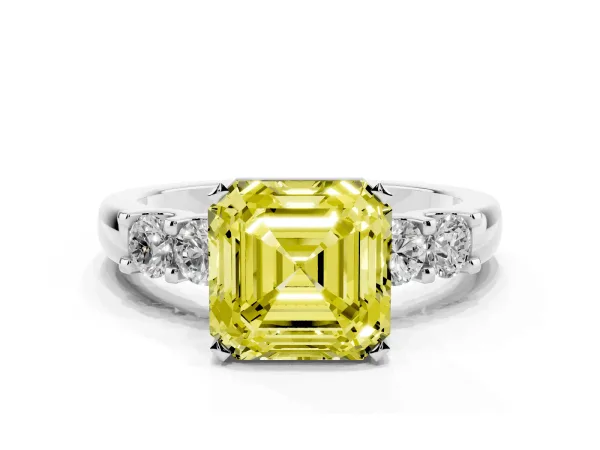 Fancy Yellow Asscher Cut Brilliant Cut Diamond Five-Stone Prong Set Engagement Ring with Channel Band White gold