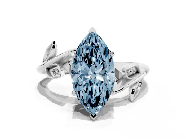 Fancy Blue Marquise Cut Solitaire Twist Engagement Ring with Leaf Accents and Prong Setting Platinum