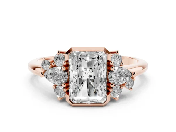 Radiant Diamond Engagement Ring with Pear and Round Side Stones Rose gold