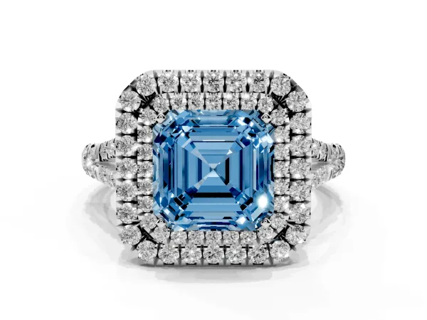 Fancy Blue Asscher Cut Cut Double Halo Split Shank Diamond Ring with Prong Setting White gold