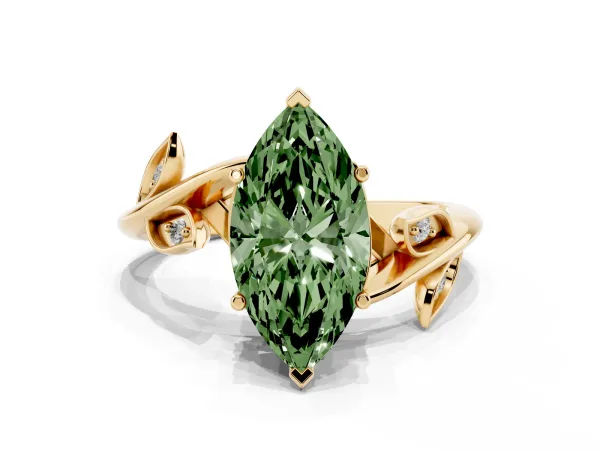 Fancy Green Marquise Cut Solitaire Twist Engagement Ring with Leaf Accents and Prong Setting Yellow gold