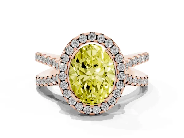 Fancy Yellow Oval Cut Diamond Halo Ring with Split Shank Pavé Band and Prong Setting Rose gold