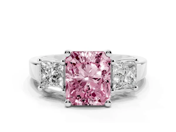 Fancy Pink Three-Stone Radiant Cut Cut Solitaire Ring with Prong Setting White gold