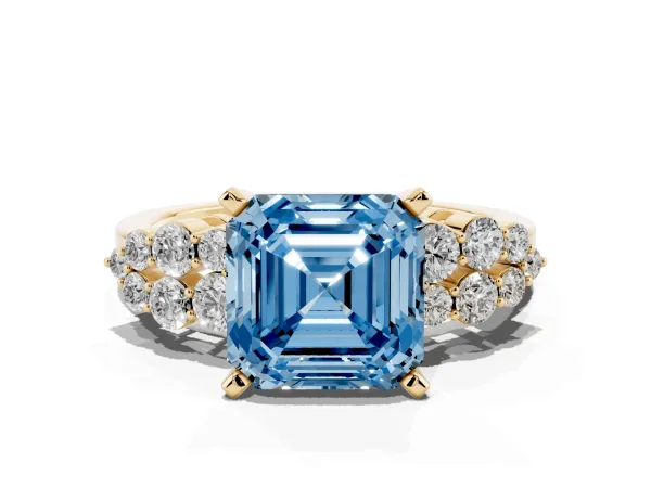 Fancy Blue Asscher Cut Cluster Diamond Engagement Ring with Pavé Band and Four-Prong Setting Yellow gold