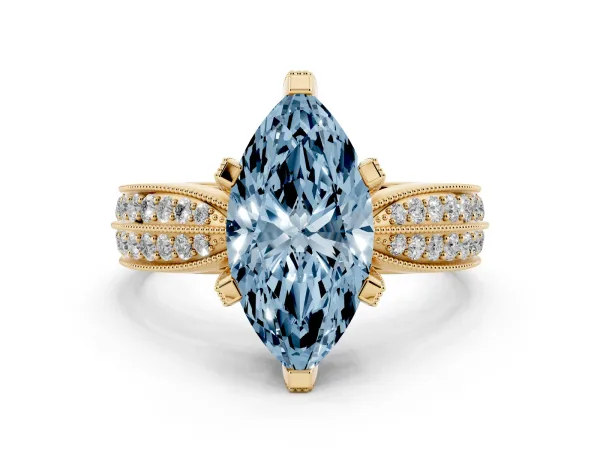 Fancy Blue Marquise Cut Diamond Solitaire Ring with Milgrain Round Pavé Band and Prong Setting Yellow gold
