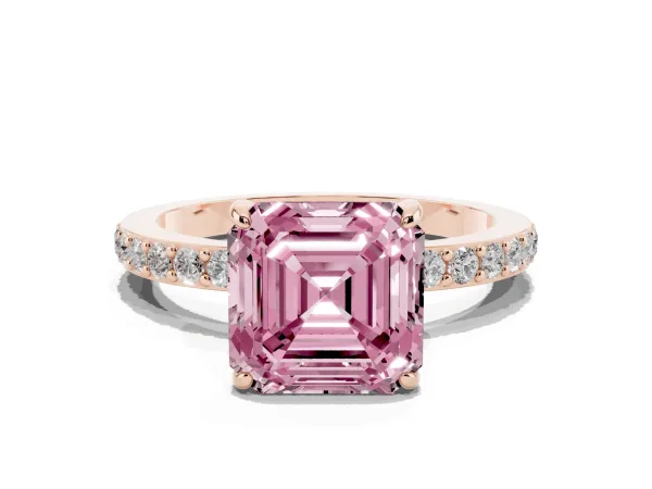 Fancy Pink Asscher Cut Diamond Pavé Engagement Ring with Round Accents and Prong Setting Rose gold