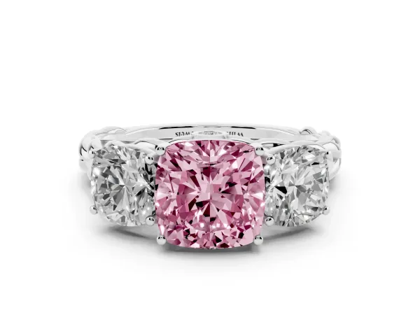 Fancy Pink Three-Stone Cushion Cut Diamond Braided Band Ring with Four-Prong Setting White gold