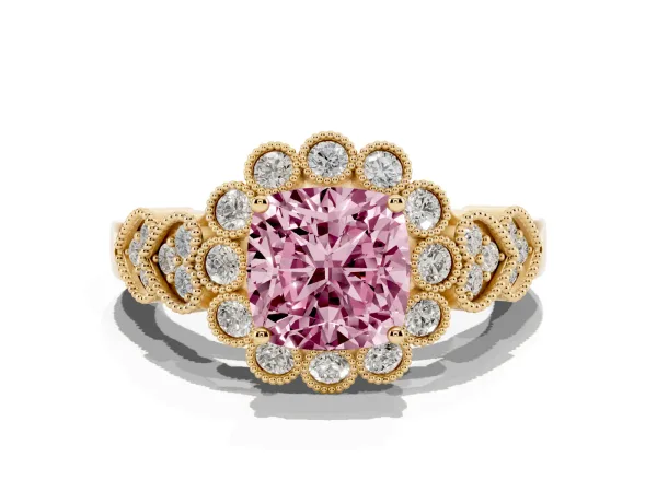 Fancy Pink Cushion Cut Brilliant Milgrain Pave Heart Band Solitaire Ring Yellow gold