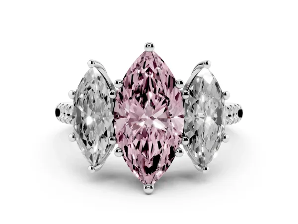 Fancy Pink Three-Stone Marquise Cut Diamond Ring with Round Pavé Band and Prong Setting White gold