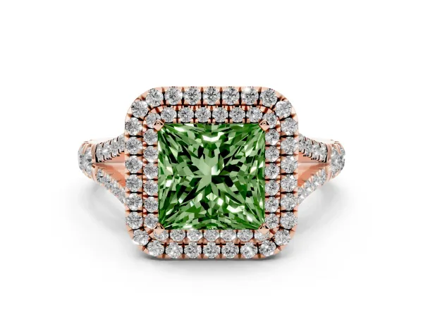 Fancy Green Princess Cut Cut Double Halo Split Shank Diamond Ring with Prong Setting Rose gold