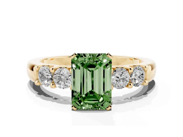 Fancy Green Emerald Cut Brilliant Cut Diamond Five-Stone Prong Set Engagement Ring with Channel Band Yellow gold